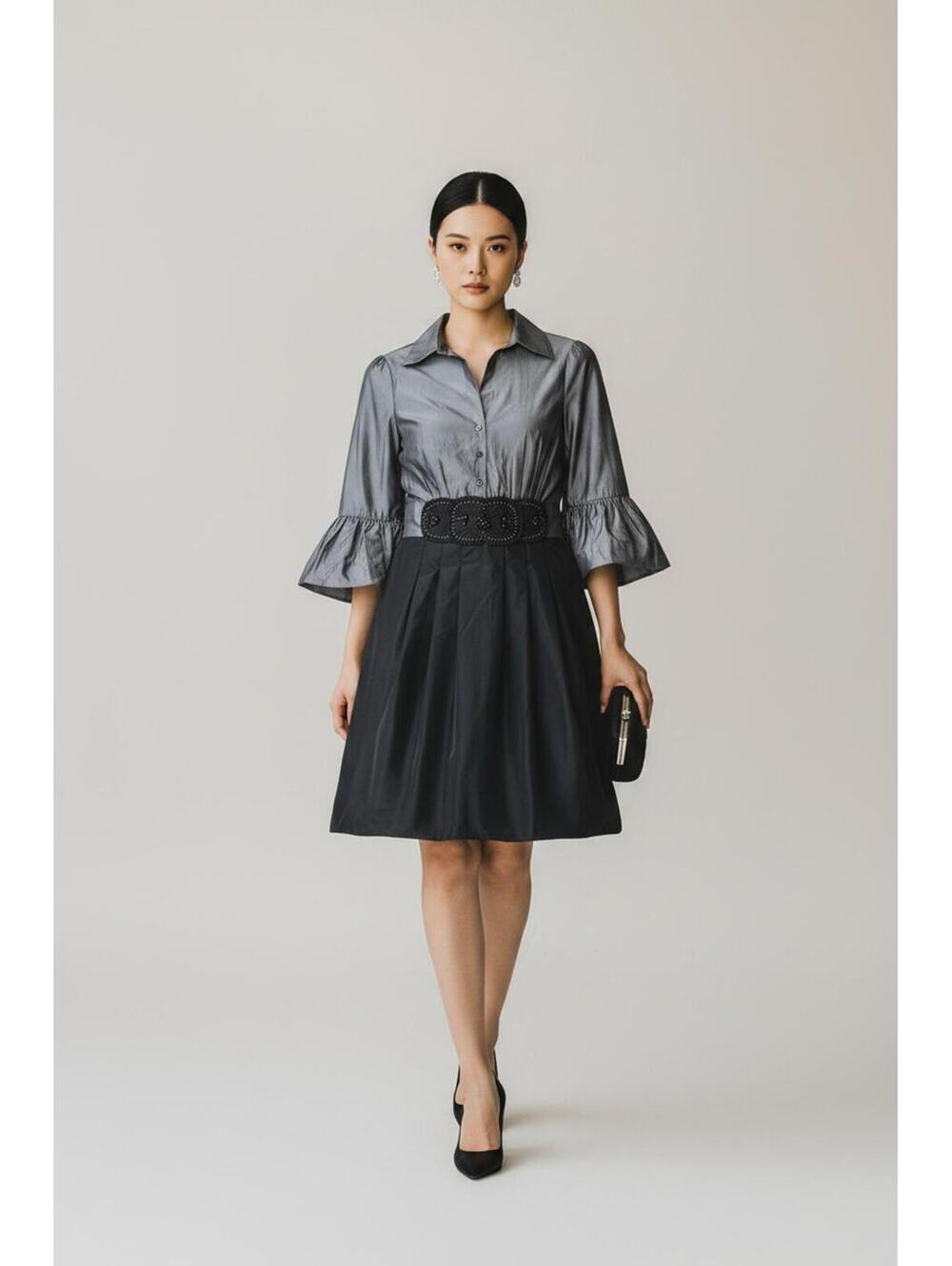 BCBGMAXAZRIA Y2K Natasha Gray Black Taffeta Bubble Skirt Bell Sleeve Dress, Sz 6